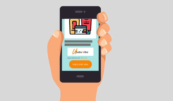 Illustration of hand holding a phone showing U-Subscribe logo and product page example