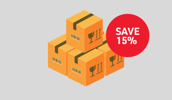 Illustration of boxes with a red circle stating Save 15%